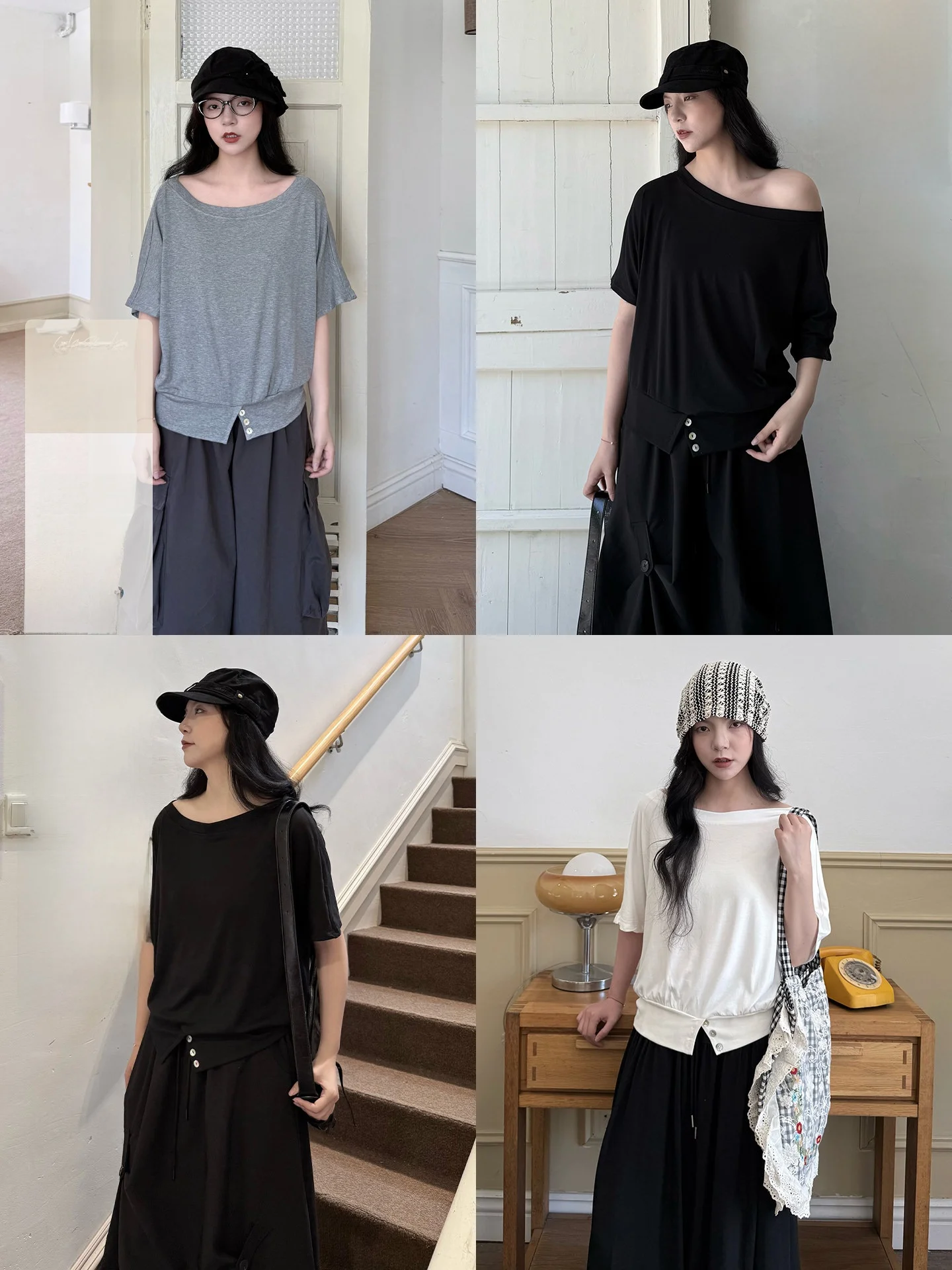Land And Mountain Island【Bian】Shoulder Bared Short Sleeve T Shirt Summer Casual Loose Fit Cotton Polyester Elastic Fiber