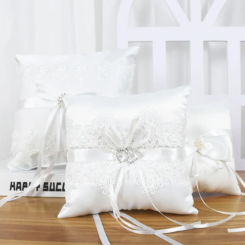 

Romantic Ring Pillow Wedding Double Bow Ribbon Pearls Lace Ring Pillow Cushion Bearer for Ceremony Engagement Party Decorations