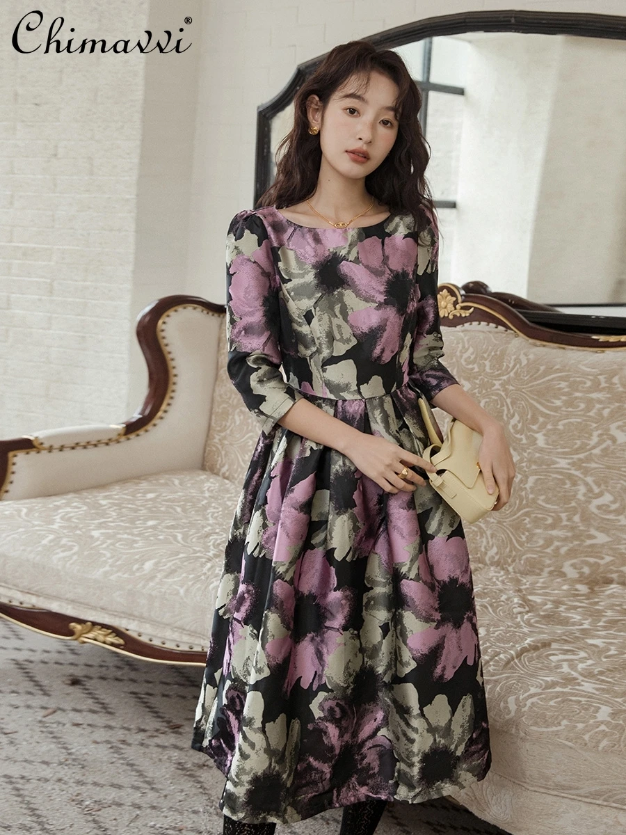 Fashionable Elegant Mid-Length Dress 2024 Spring and Autumn New High-End Jacquard Retro Hepburn Style Slim-fit Women's Dresses