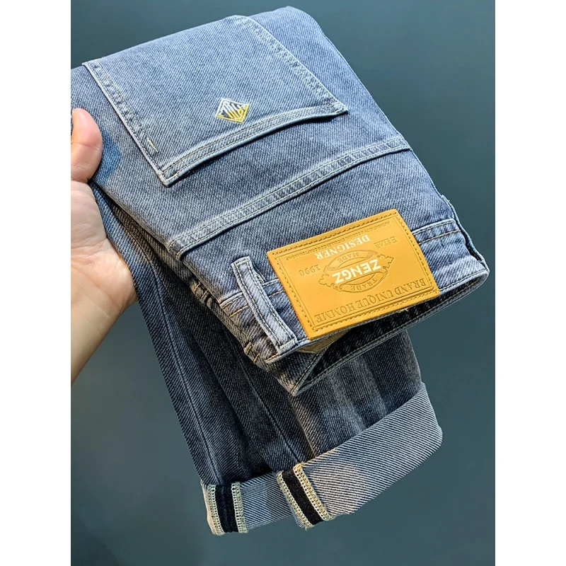 Spring and Autumn Men's Jeans Trendy 2024 New Slim Fit Skinny High-End Embroidery Trendy Brand Blue Pencil Pants Trousers