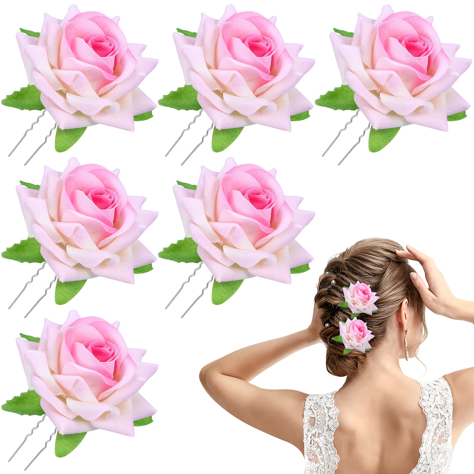 

6Pcs Simulation Rose Hairpin Exquisite U-Shaped Bridal Hair Forks Wedding Accessories Beach Prom Party Decoration Hairpins
