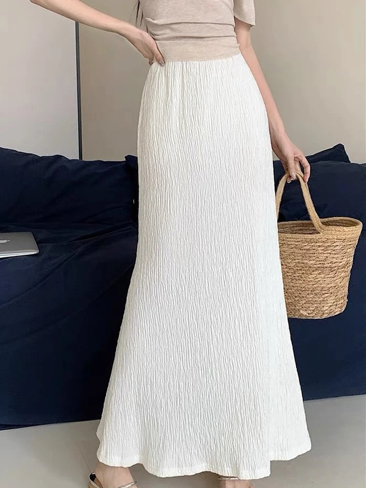 Woman's Skirt White Elastic Waist Linen Midi Skirt Elegant Formal Comfortable Commute A-Line Skirt 2026 Spring New Women Fashion