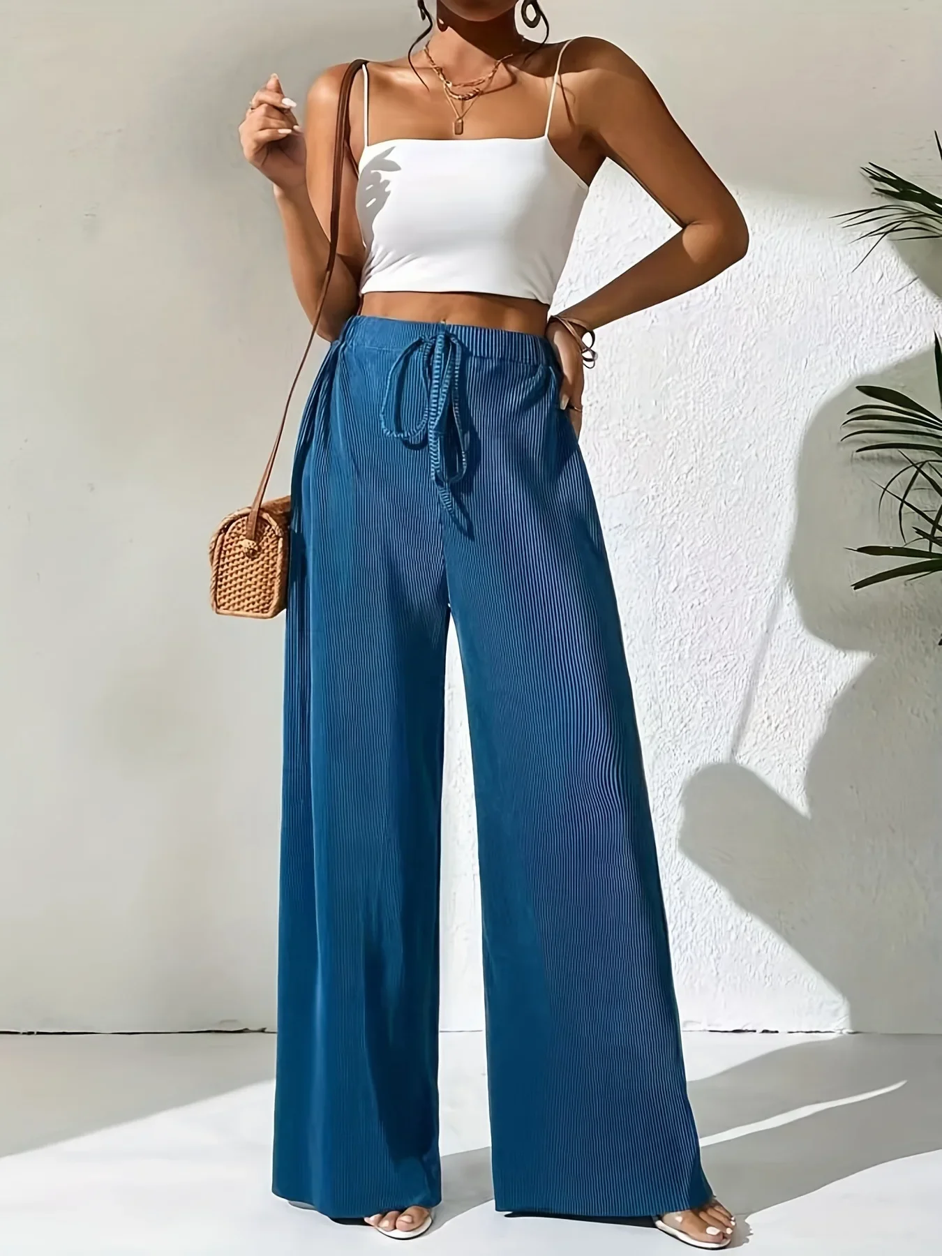 

2023 Women's Autumn New Style Trousers Fashion Pleated Rubber Waist Tie Straight Leg Wide Leg Solid Color Casual Elegance