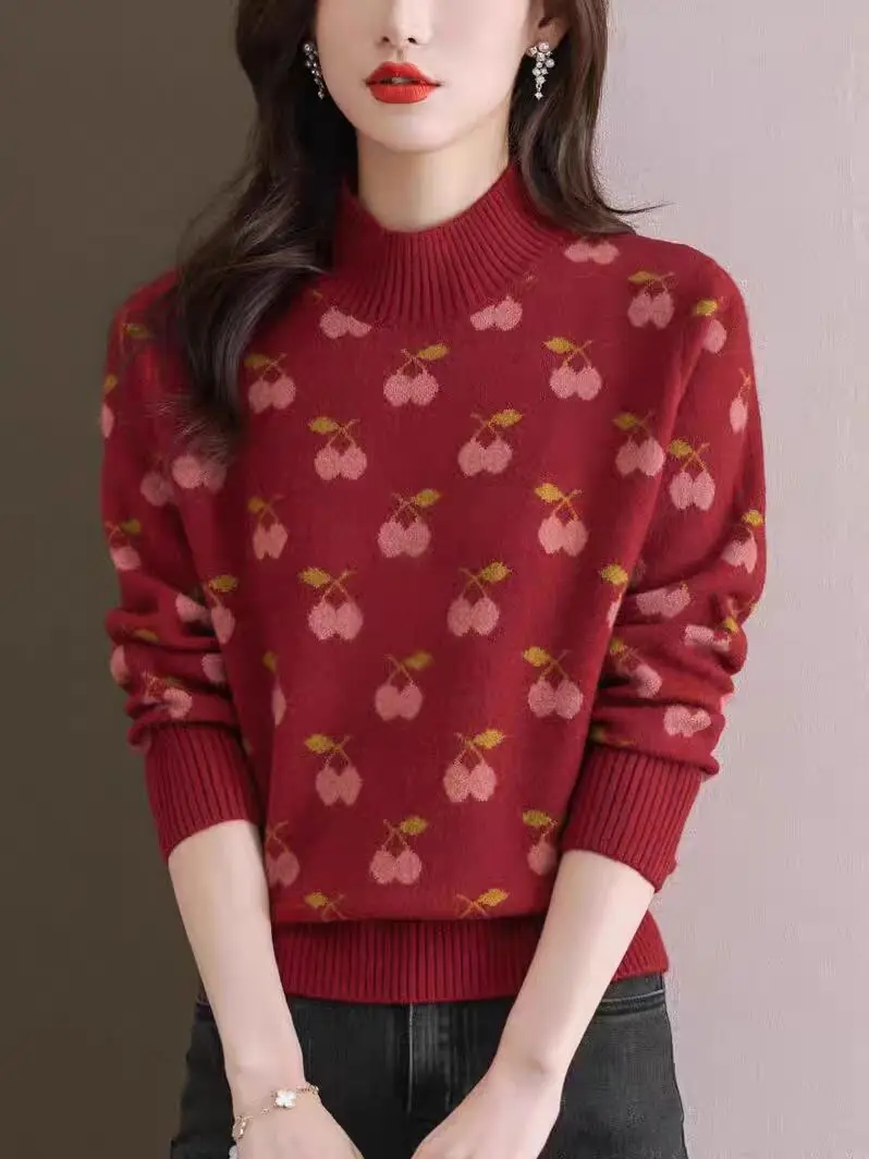 Dessin animé doux à manches longues femme vêtements nouveau pull chemise demi col roulé chaud femmes pull mince dames haut en tricot