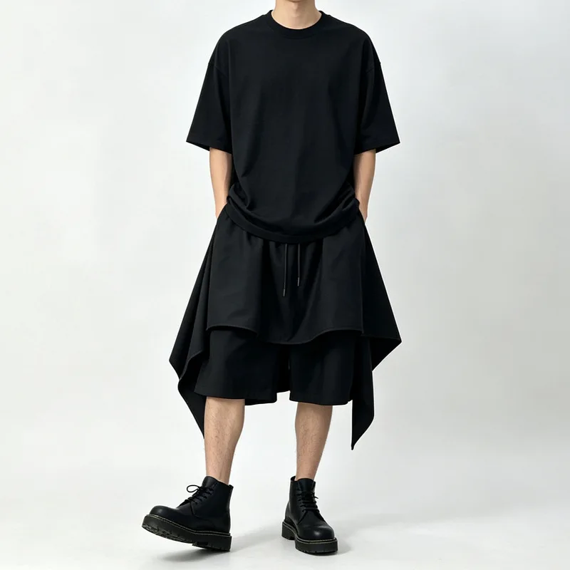 Men'S Casual Pants, Asymmetrical Two-Piece Design, Loose-Fitting Drawstring Shorts, Black Wide-Leg Pants, Trendy Style, Casual P