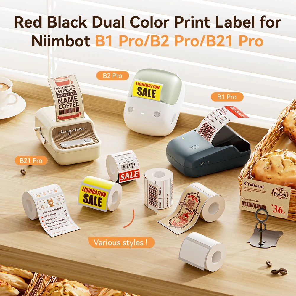 3 Rolls Niimbot B1 Pro/B2 PRO/B21 Pro Red Black Dual Color Print Thermal Label Paper Self-adhesive Clothing Tags Price Sticker