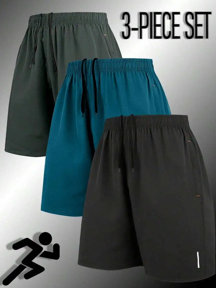 

3pcs Men Summer Casual Quick-Drying Drawstring Waist Sports Shorts With Zipper Pockets