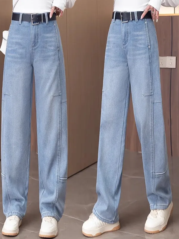 

Светло-голубые широкие джинсы с высокой талией, женские весенне-осенние брюки 2024, новинка Faion, свободные драпированные брюки-лезвия, джинсовые бананы Апей