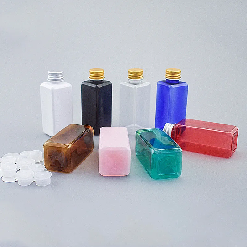 

200pcs 50ml/1.7oz Square Empty Refillable Cosmetic Containers Plastic PET Travel Bottles with Gold Silver Aluminum Screw Lid