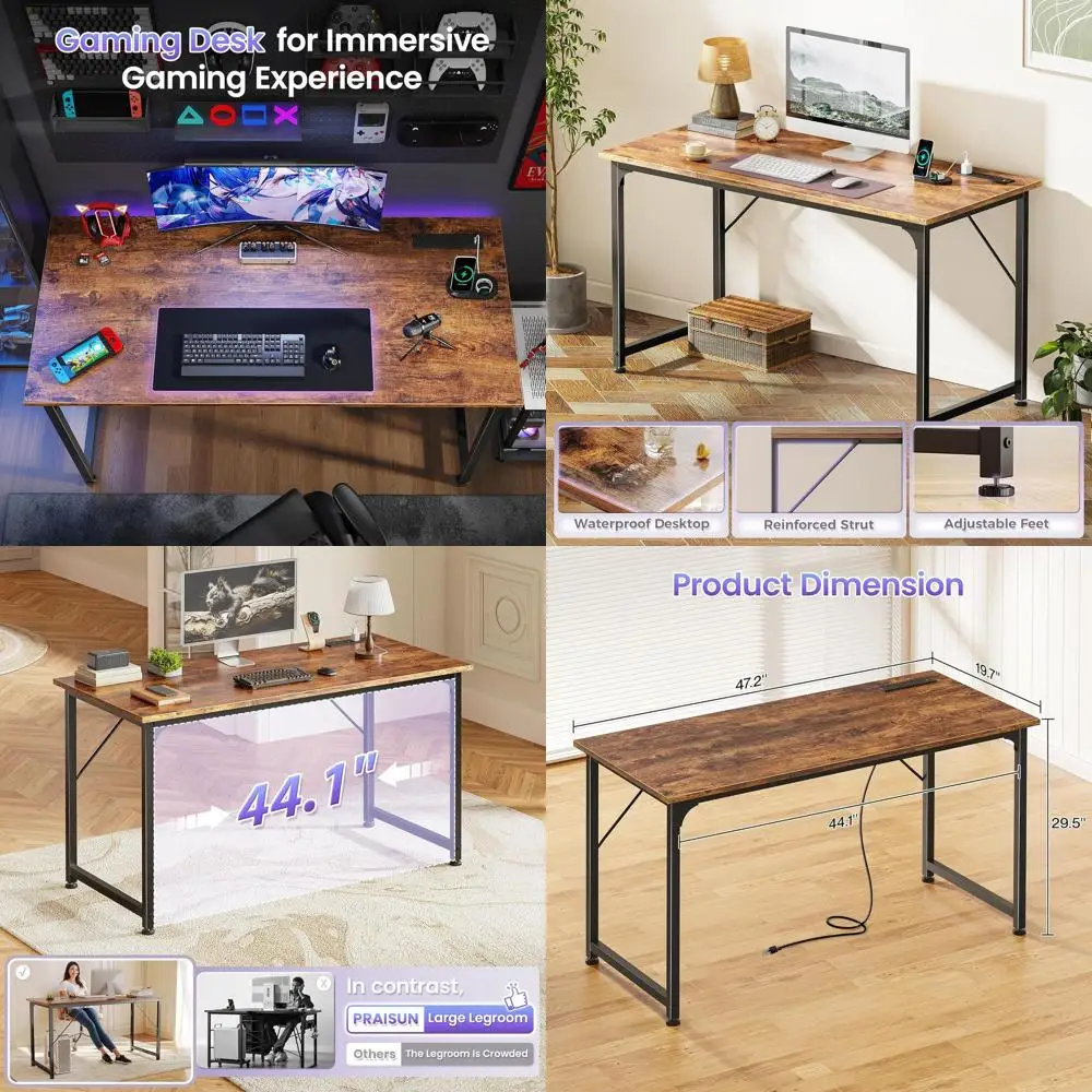 

47 20 Rustic Brown Metal Oice Desk with Power and USB-C Ports for Gaming, Home Oice, Study, or Bedroom