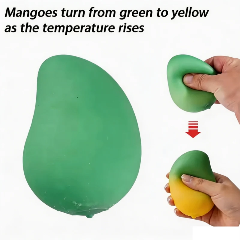 A mango-shaped fidget toy, described as changing color with temperature.