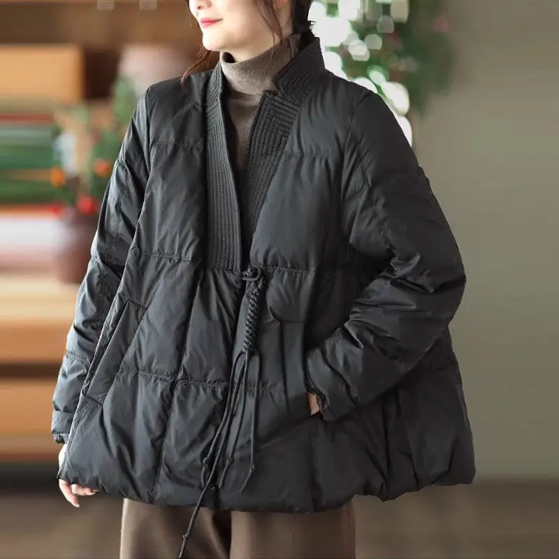 

Thin Down Cotton Jacket For Women Autumn Winter Chinese Retro Style V-Neck Casual Lightweight Versatile Quilted Coat ZT192