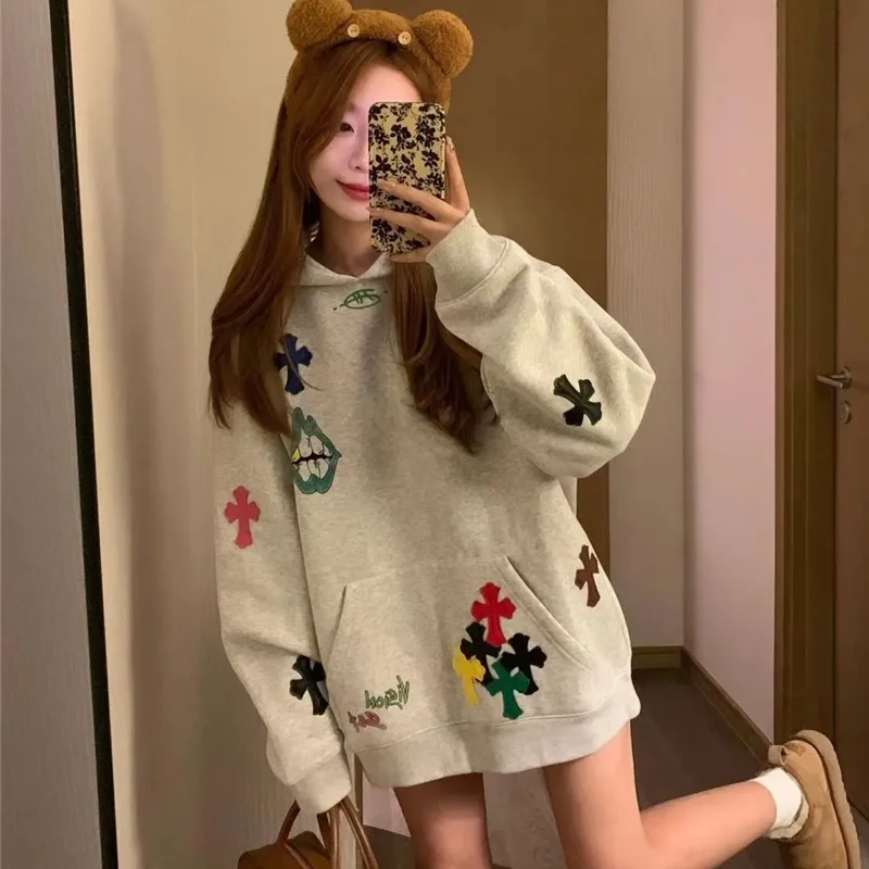 Autumn Winter Hoodie Women 2024 New Fashion Loose Casual Tops Hooded Coat Vintage Pullover Cross Printing Outerwear Female