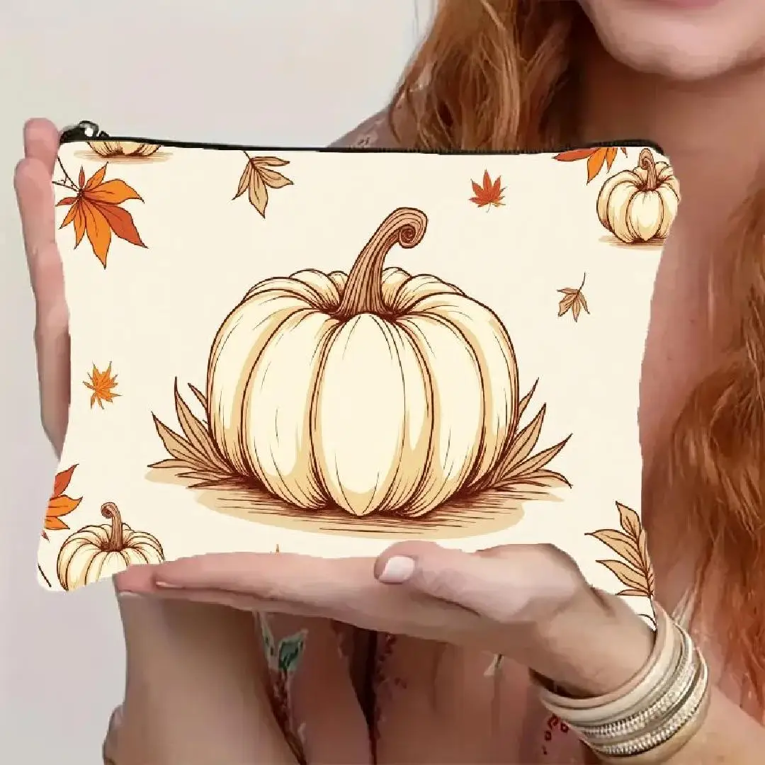 

A Autumn Harvest Pumpkin And Maple Leaf Makeup Bag- Multifunctional Zipper Pouch, Jewelry Storage Bag, Perfect Travel Zipper Sma