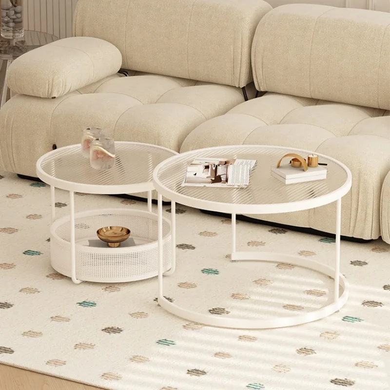 Simple Cream Style Round Living Room Small Apartment Tea Table Combination Creative Home Modern Changhong Glass Tea Table