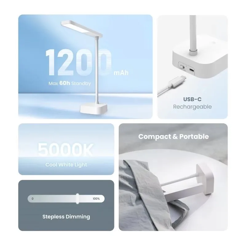 Yeelight Rechargeable Desk Lamp 5000K Neutral White Light 360° Rotatable Sleep Assist Night Light Bedside Lamp USB-C Charging