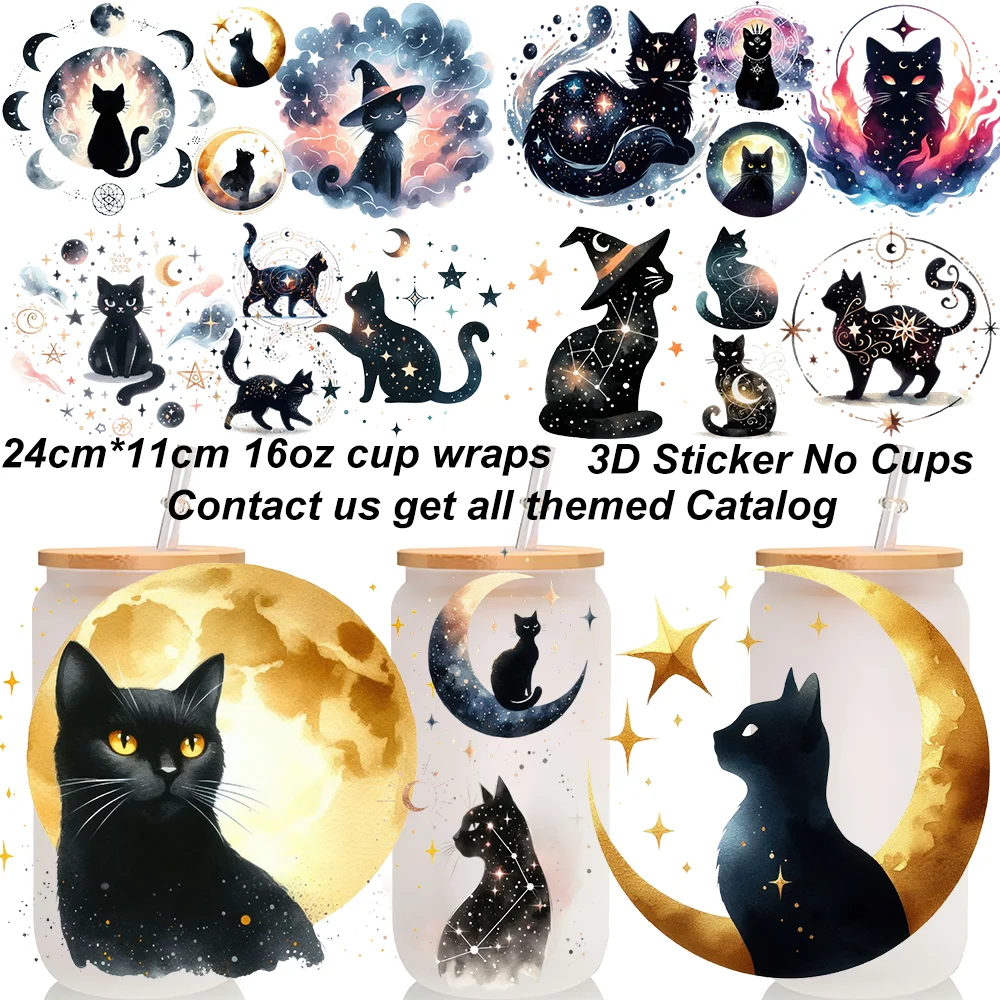 Mixed Moon Black Cat Designs UV DTF Cup Wrap For 16oz Libbey Cup Stellar Zodiac Pattern Cup Wraps 3D Stickers
