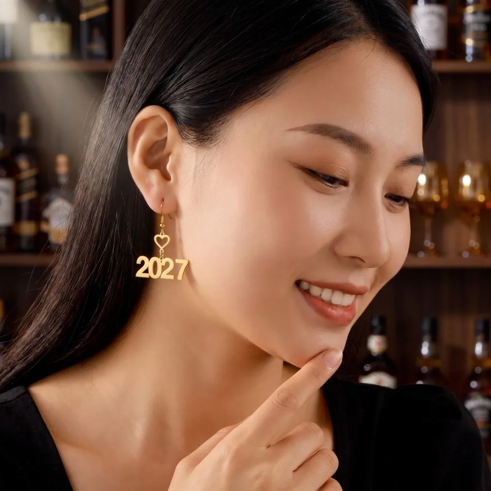 Elegant 2027 Digital Earrings Hollowed-out Fashion Long Drop Happy New Year Earrings Metal Alloy Love Heart Design Stud Earrings