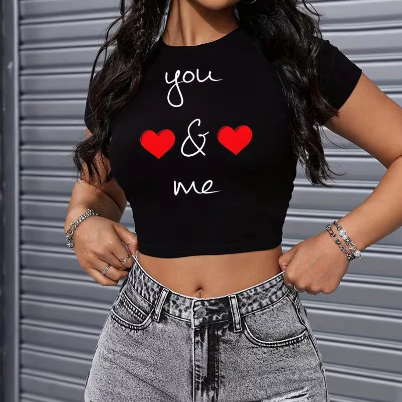 Grafische Y2K Crop Tops für Damen mit Buchstaben-Print, Lässiges Sport-Crop-T-Shirt, 90er Sexy O-Neck T-Shirt, Damenkleidung