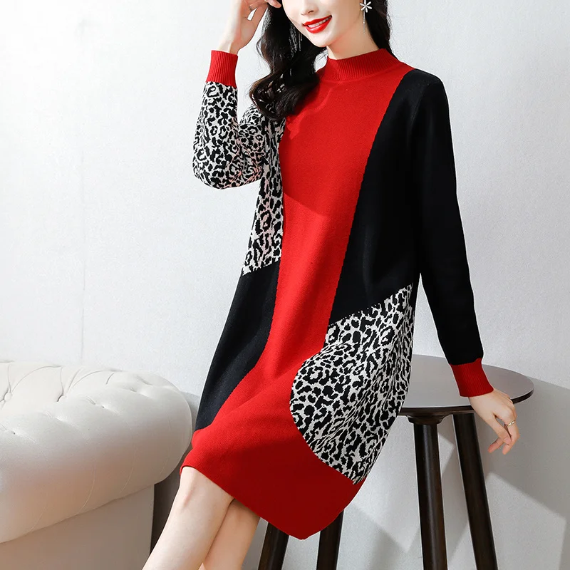 2023 Fall/Winter Casual Loose Printed Knitted Wool Dress Autumn/Winter 4XL Plus Size Retro Elegant Tight Sweater