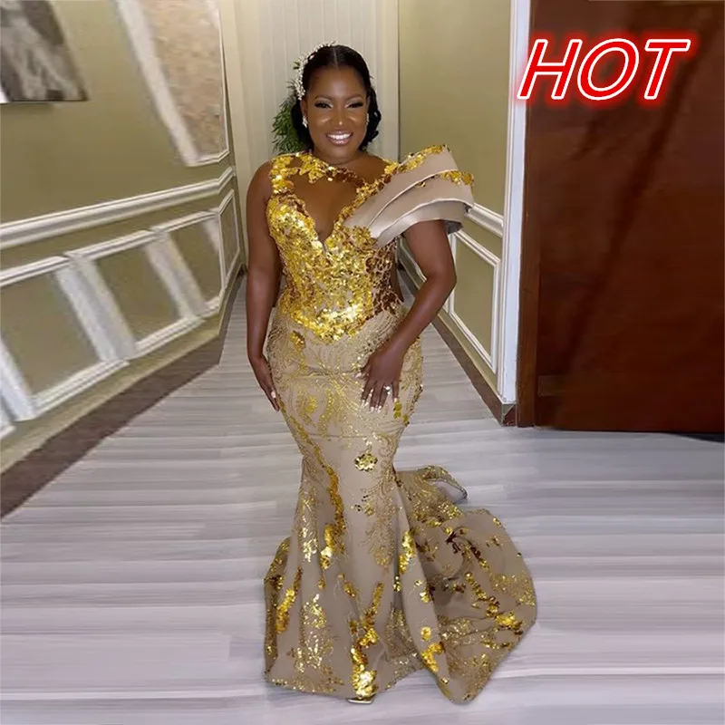 2025 Black Girls Evening Gowns Sweep Train Women Formal Party Dress Aso Ebi Plus Size Shinning Gold Mermaid Prom Dresses