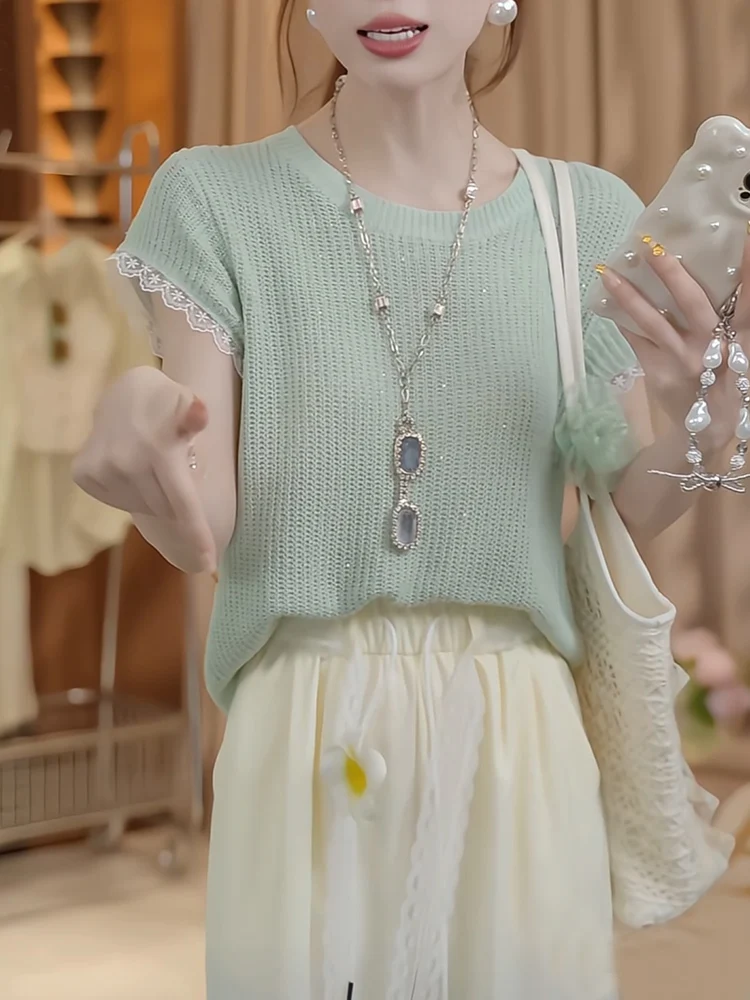 

Sweet Sle round Ne Lace Splice ort Sve Knitted Sweater Women's Summer New Faion Loose Fit Single Piece Thin Material