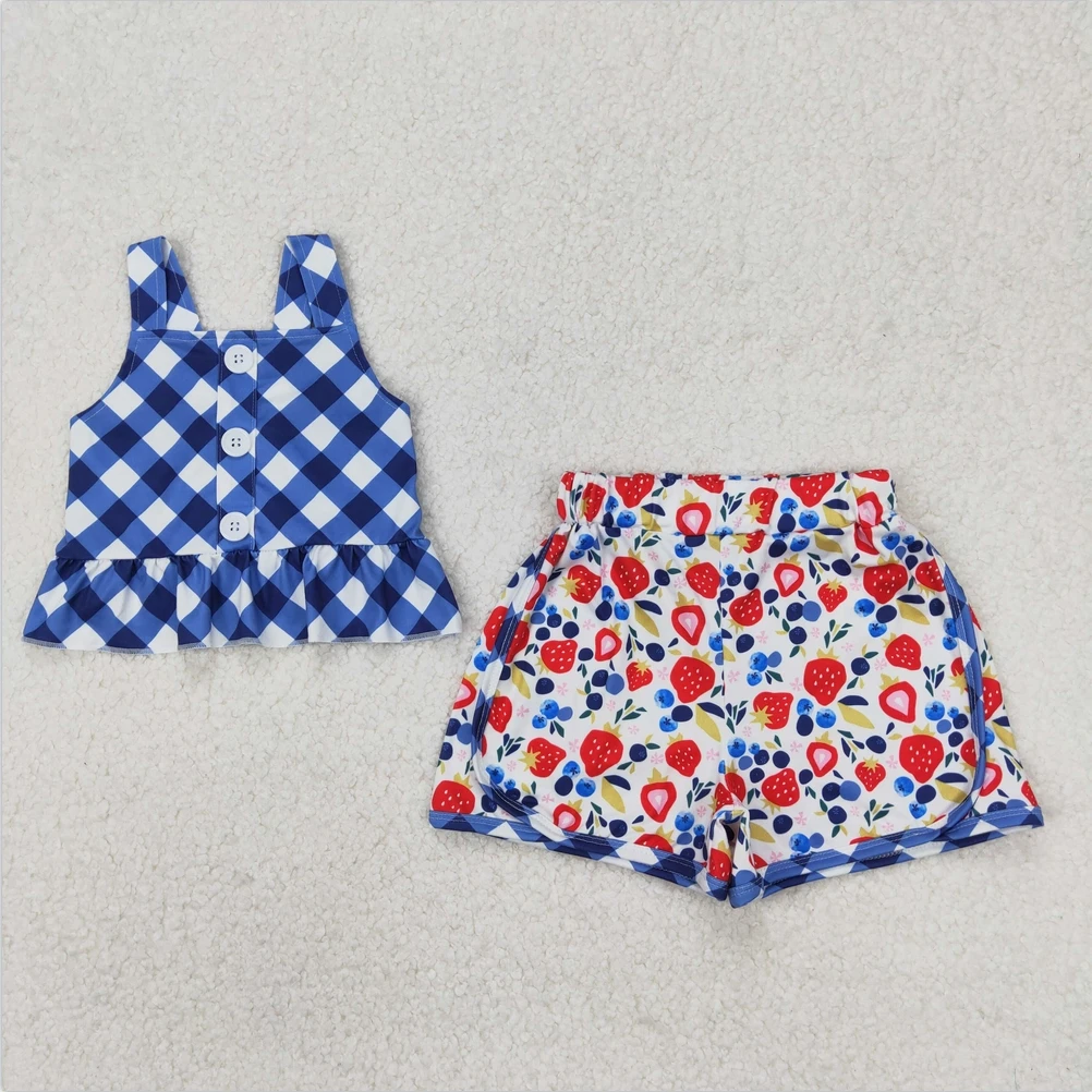 

Hot Sale Baby Girls Kids Clothes Girls Boutique Shorts Strawberry Fashion Baby Girls Checkered Straps Tunic Fruits Shorts Sets