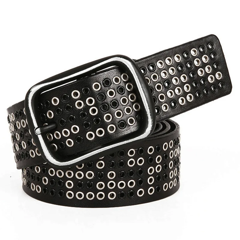 new design eyelets original leather belt for men stage nightclub dress strapon pin buckle studded waistband women fashion leash