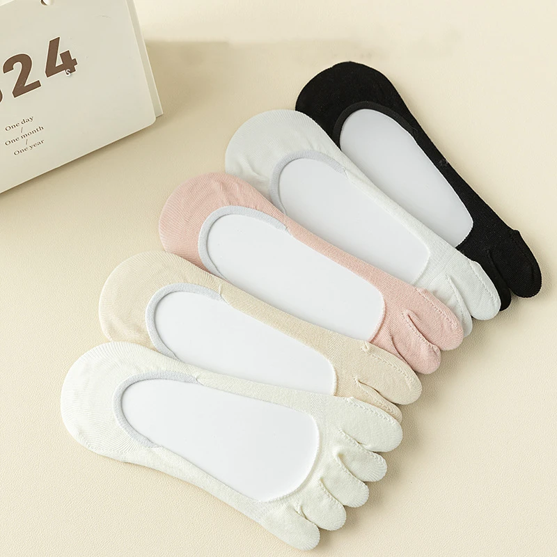 5 Pairs Summer Women Girl Toe Socks Invisible Cotton Solid Shallow Mouth Thin Breathable,Deodorant No Show 5 Finger Socks image 3