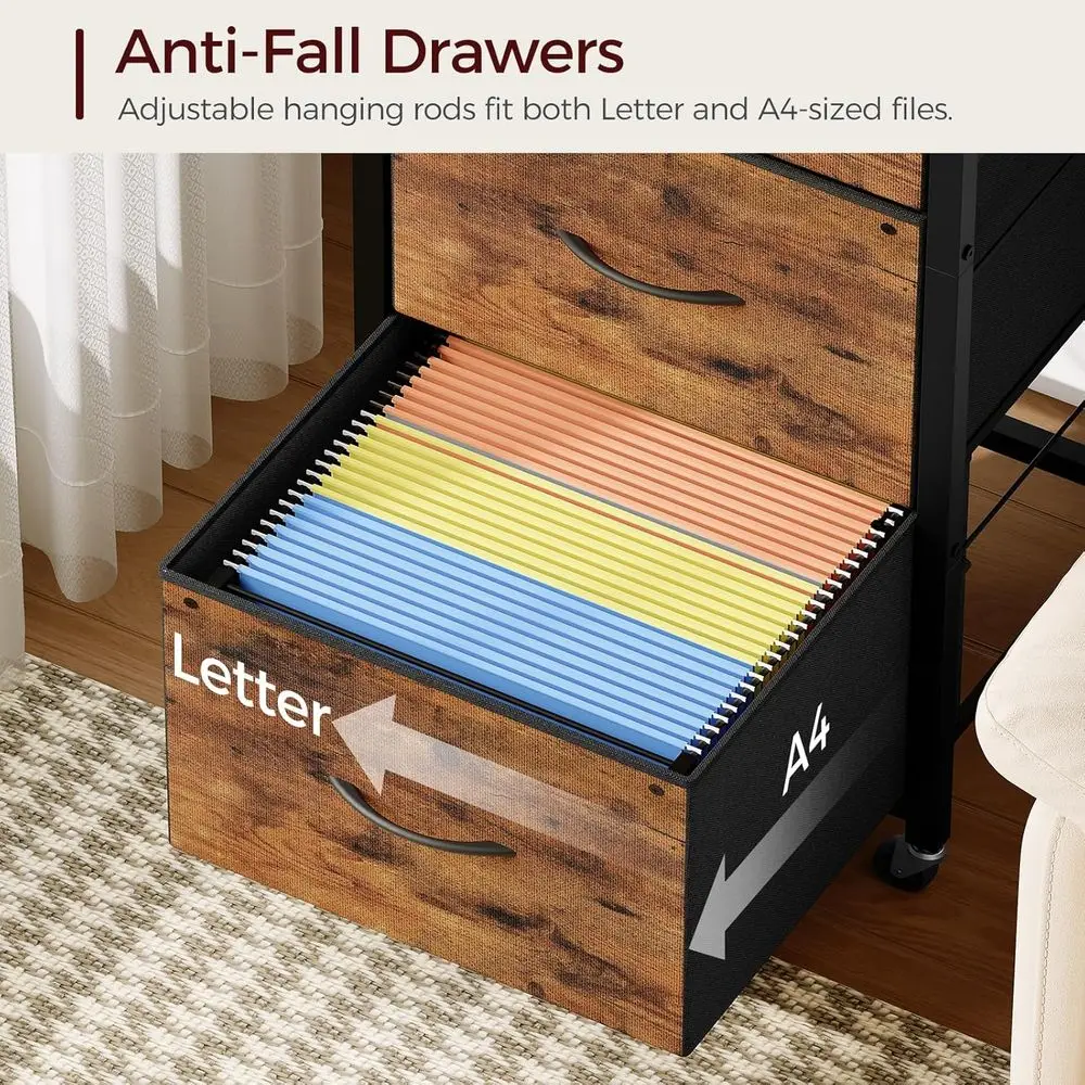 Vertical 3-Drawer File Cabinet with Wheels, Printer Stand, Adjustable Rods, A4/Letter, Home Office, Rustic Brown & Black