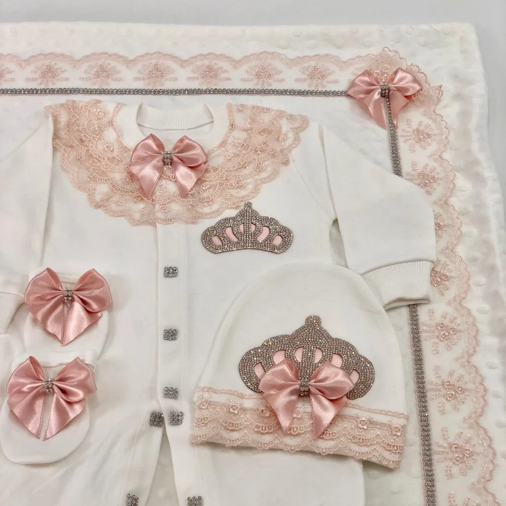 Opulent Luxury 5Pcs Newborn Baby Girl Crown Outfit Pink Lace Satin Bow Footed Romper Layette Gift Set