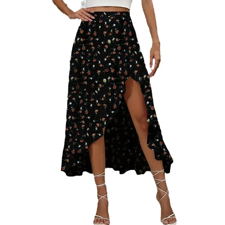 Vintage Beach Flower Print Maxi Skirt Women Summer 2024 Fashion High Waist Stretch Asymmetrical Long Skirts Elegant