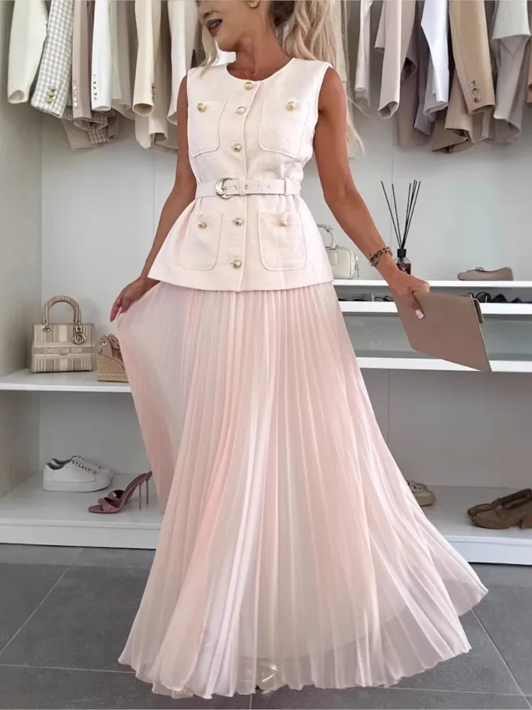 

Elegant Style Dress Comfortable Casual Set Women's Sleeveless Small Fragrance Style Vest Vest Mesh Pleated Skirt Two-piece Set