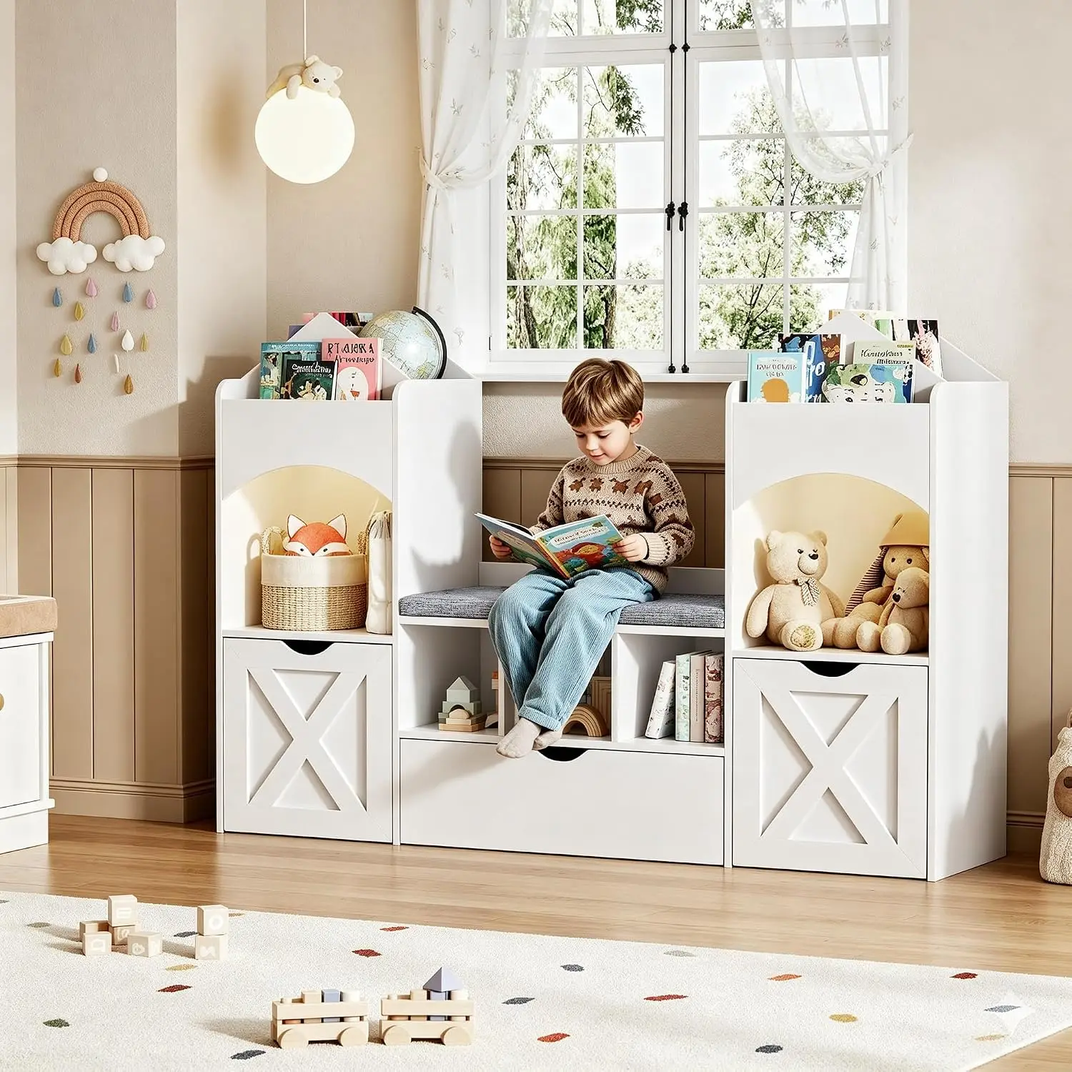 Castle Shaped Kids Bookshelf Reading Nook White Toy Storage Organizer LED Lights Bookcase 3 Removable Drawers 5 Cubbies Nursery