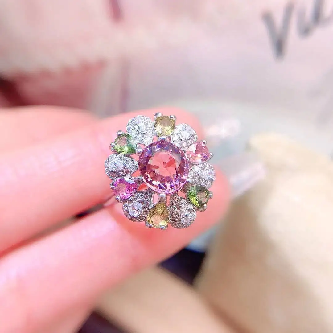 KJJEAXCMY high-grade Natural Women's Tourmaline Ring S925 Silver Colorful and splendid Crystal pure fire flash explosion