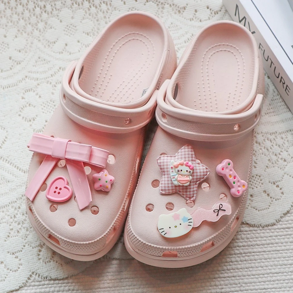 

MINISO Hello Kitty, розовый кожаный комплект с подвесками для обуви с бантом, милые мультяшные винтажные тканевые украшения со звездами для сабо и сандалий, идеальный подарок