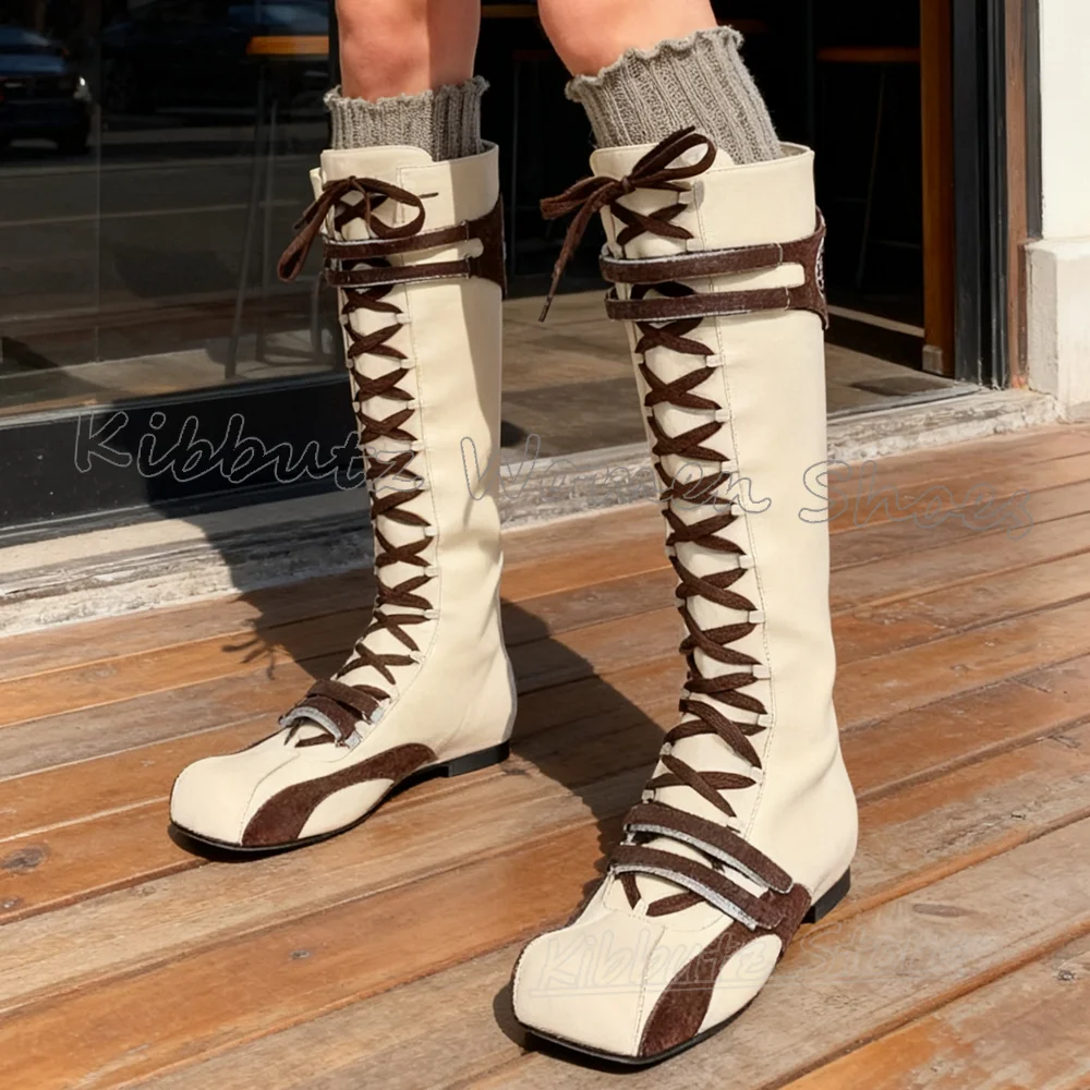 Patchwork Knee High Boots Suede Sneaker Lace-Up Leather Novelty Fashion Luxury Elegant Concise Sexy Square Toe Flat with Shoes