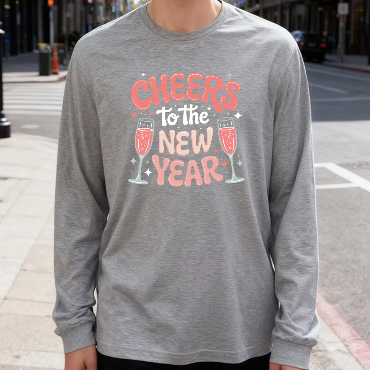 Pink Champagne Men's Long Sleeve Tee 100% Cotton 180g Crew Neck Casual Daily Style Soft and Breathable