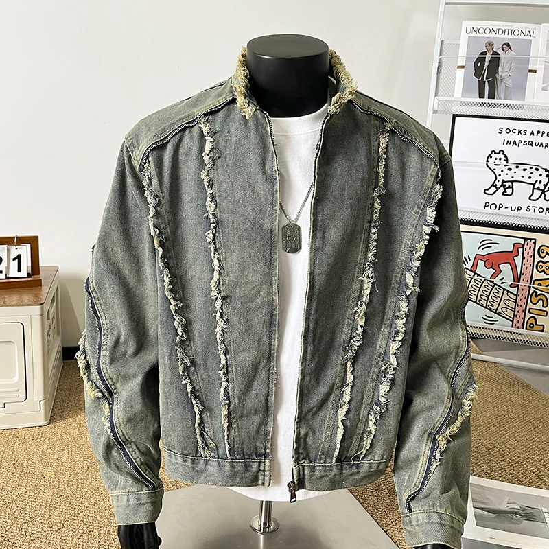 Deconstructed Frayed Waed Denim Jaet American High Street Men's Trendy Brand Aged Design Cool Couple Collar Coats y2k fashion