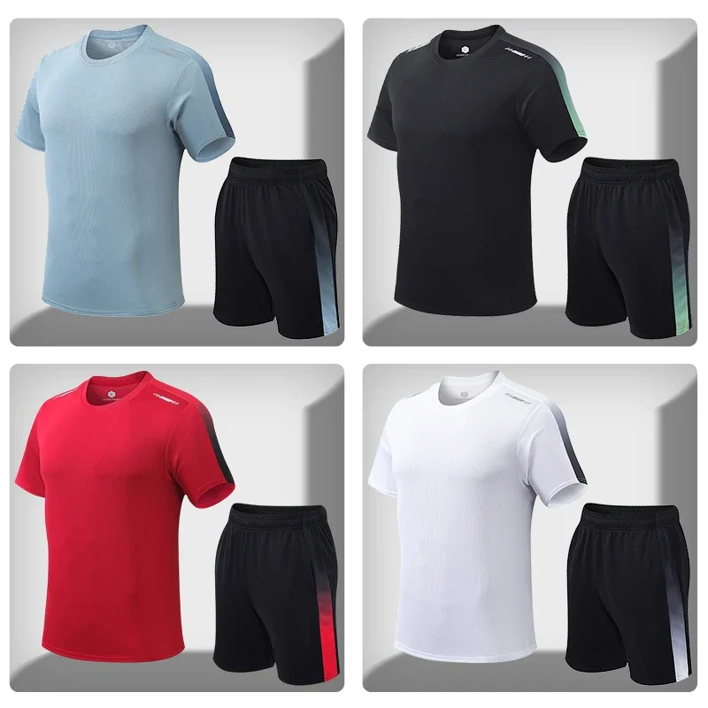 

2pcs Set Gym Running Kits Male Basketball Uniform Suit Men Shorts Outdoor Breathable Sports Short Sleeve Clothes Dry Fit