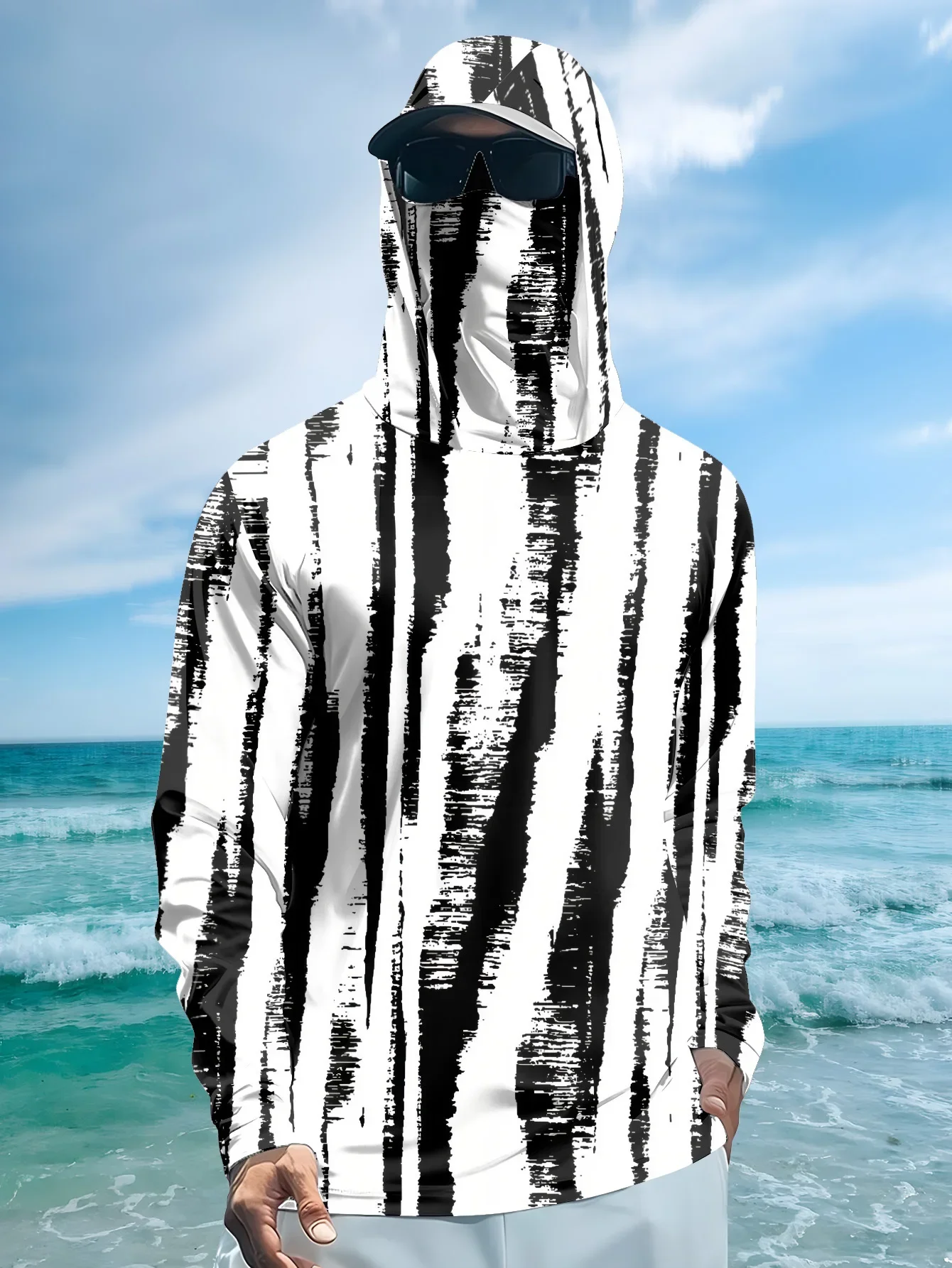Men Black‑White Stripe Fishing Hoodie With Face Mask UPF50+ Quick Dry Sun Protection Long Sleeve Outdoor Fishing Tops