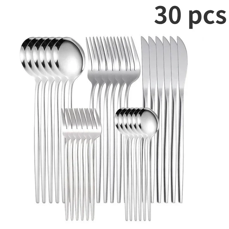 Black Gold Dinnerware Set Fruit Fork Spoon Cutlery Set Kitchen Tableware Silverware Sets 30Pcs/Set Stainless Steel Dinner