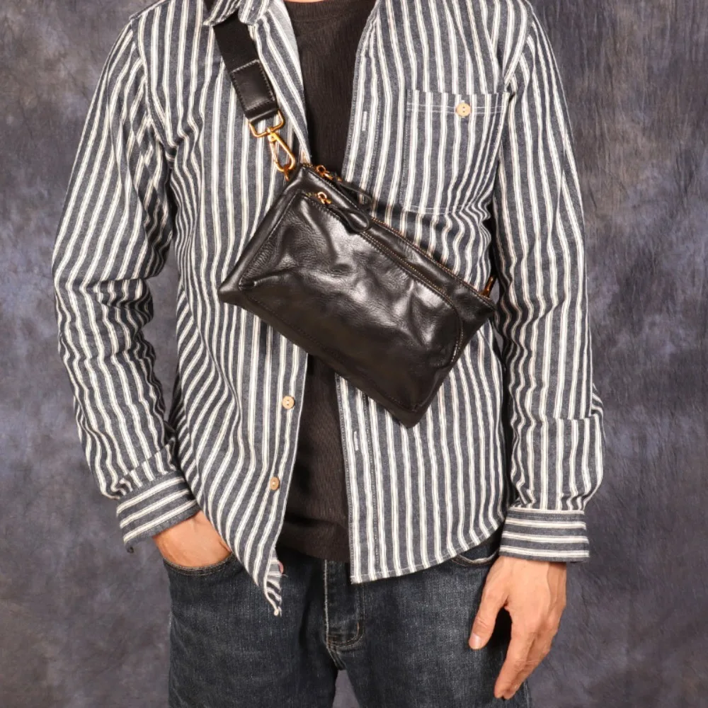 

New Leather Cowhide Breast Men's Retro Locomotive Crossbody Shoulder Waist Vegetable Tanned Tree Paste Pleated Mobile Phone Bag