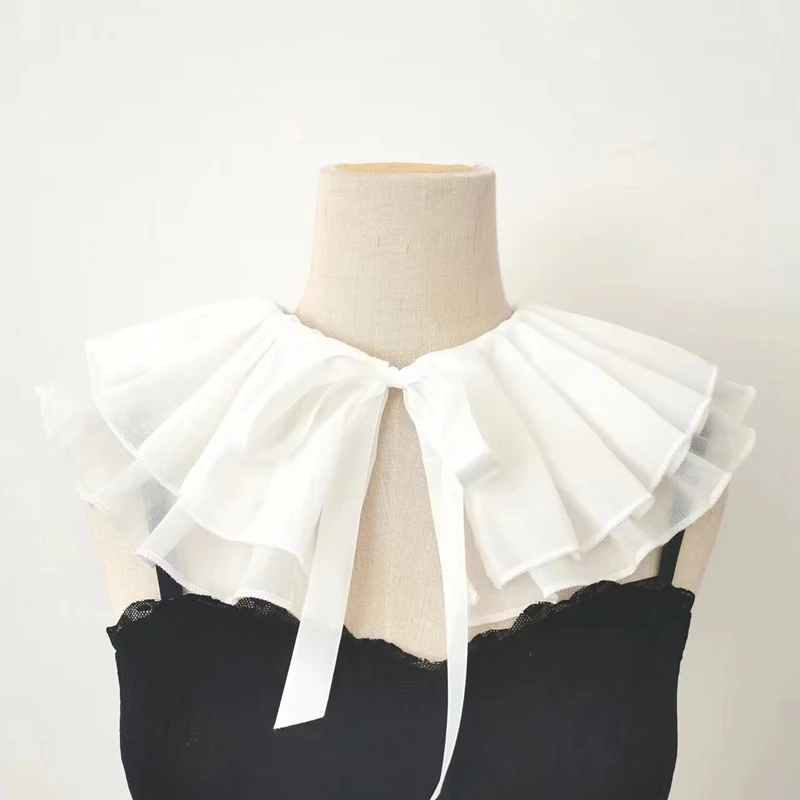 Women Mesh Puffy Tulle Ruffled Fake Collar Layered Black White Ribbon Neck Ruff Shawl Palace Costume Decorative Collar