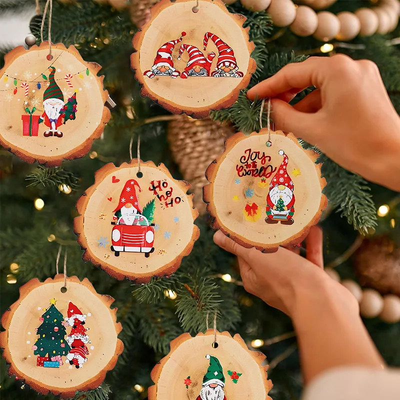 12pcs Round Wooden Christmas Ornaments with Gnome Patterns Xmas Tree Hanging Decoration Wreaths Home New Year Pendant Gifts