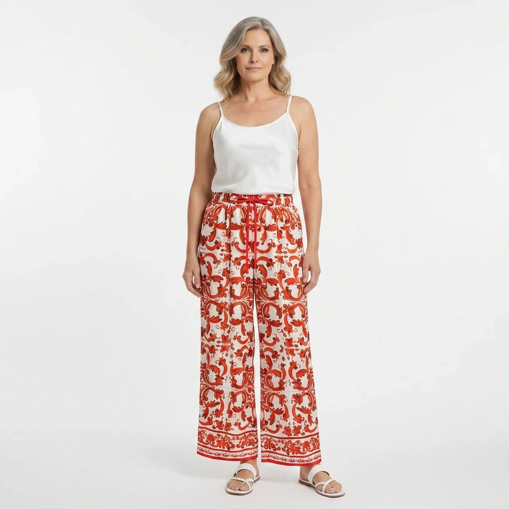 2026 Summer Women Wide Leg Pants Orange Ceramic Print High Waist Elastic Trousers Luxury Resort Wear Beach Holiday Palazzo Pants