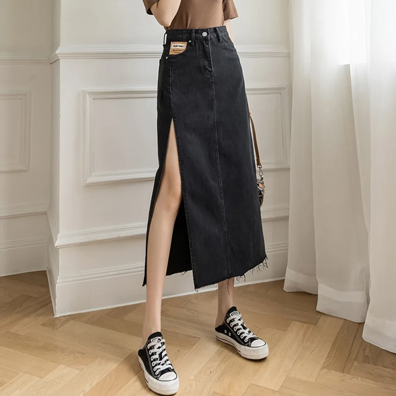 

Элегантная шикарная винтажная джинсовая юбка с разрезом, женская утягивающая универсальная облегающая юбка трапециевидной формы из эластичного хлопка, повседневная ретро с высокой талией