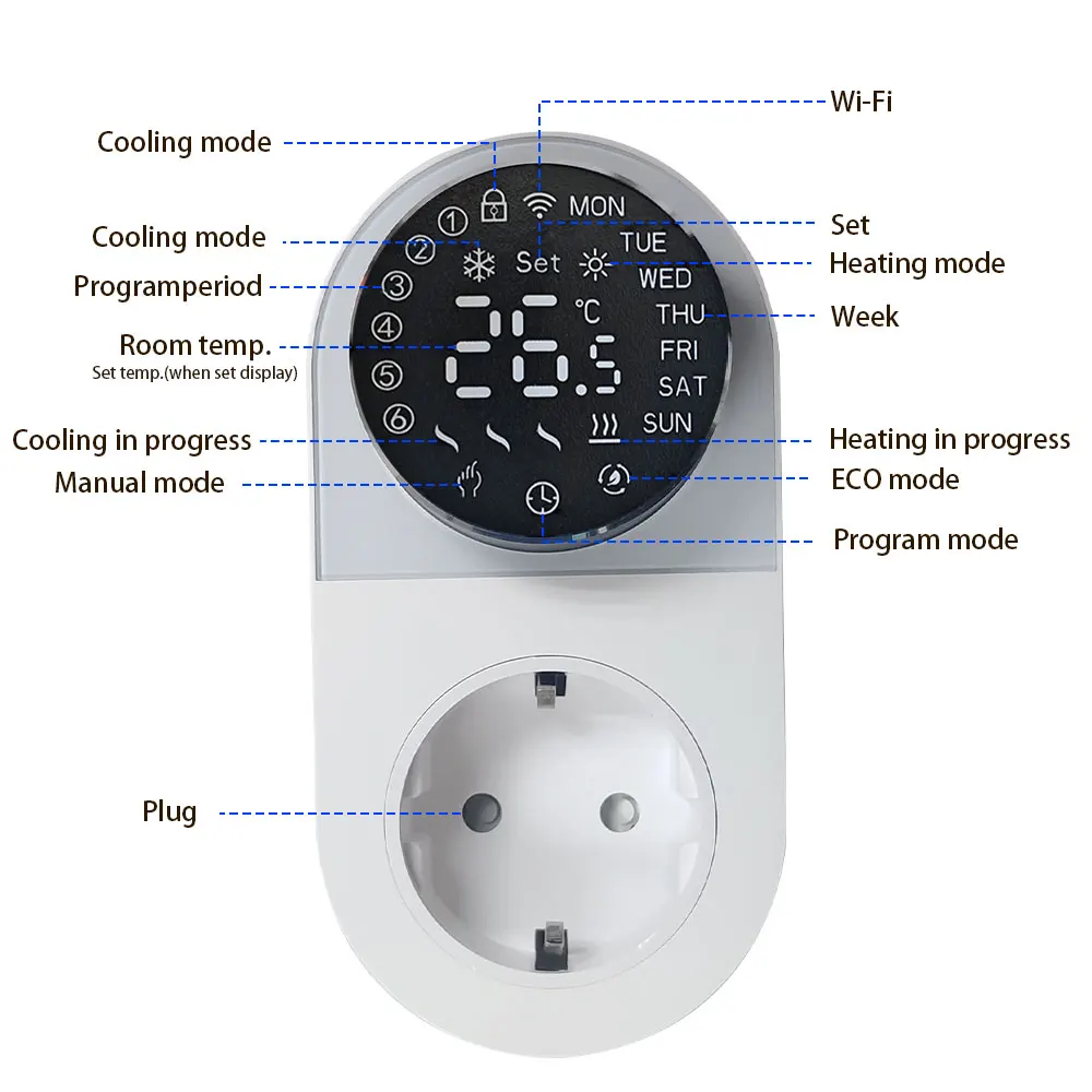 قابس ترموستات واي فاي ذكي مع شاشة LED للتحكم في التطبيقات ومقبس التحكم في درجة الحرارة القابل للبرمجة لأجهزة تبريد التدفئة