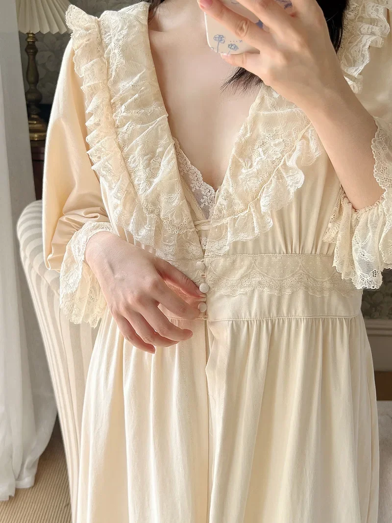 Spring Autumn Women\'s Cotton Lace Ruffles Princess Pajamas Fairy V-Neck Spaghetti Strap Nightgown Robe Sexy Two-piece Sleepwear