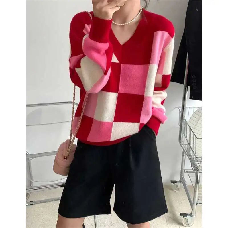 

Женская одежда, весенне-осенний модный корейский клетчатый вязаный свитер с v-образным вырезом, женский универсальный темпераментный свитер, пуловеры